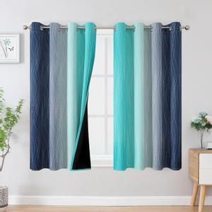 Estelar Textiler Navy Blue and Teal Blackout Curtains 45 Inch Length, Full Light Blocking Gradient Drapes for Kitchen, Thermal Insulated Grommet Ombre Curtains for Bathroom,52Wx45L,2 Panels