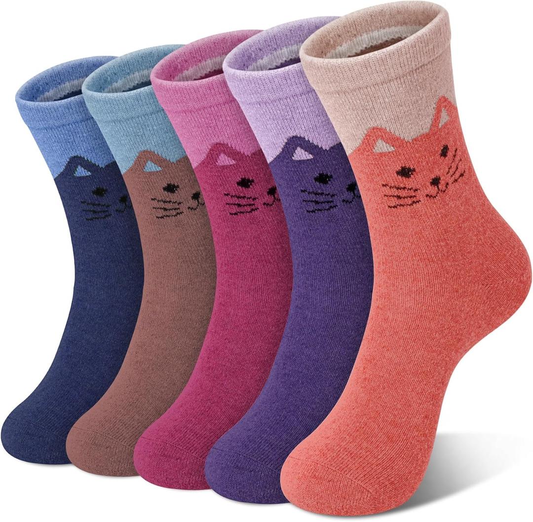 Loritta 5 Pairs Wool Socks for Women Stocking Stuffers Gifts Winter Warm Hiking Crew Boot Socks (Z Cartoon Pattern)