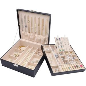 ProCase Jewelry Box for Women, 2 Layers Large Leather Jewelry Organizer Storage Case with Removable Pad for Earrings -Black