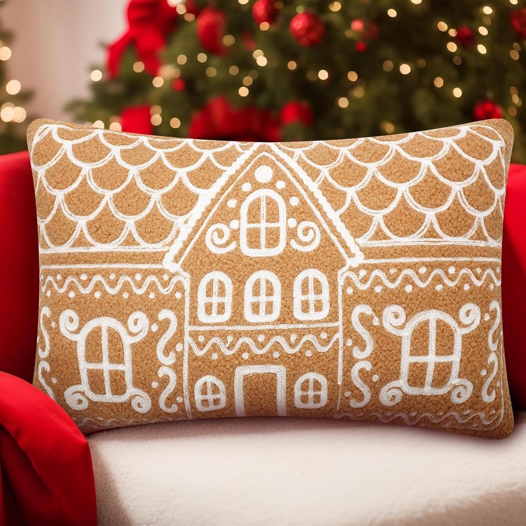 Tudomro Christmas Gingerbread House Pillow Covers 12x20 Inch Gingerbread House Shaped Embroidered Sherpa Holiday Decorative Throw Pillow Cases for Xmas Home Bedroom Couch (Retro,Brown)