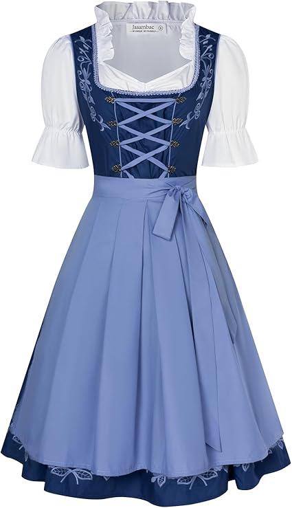 JASAMBAC Women's German Dirndl Dress Costumes 3 Pieces for Oktoberfest Carnival (2XL. Gray Blue)
