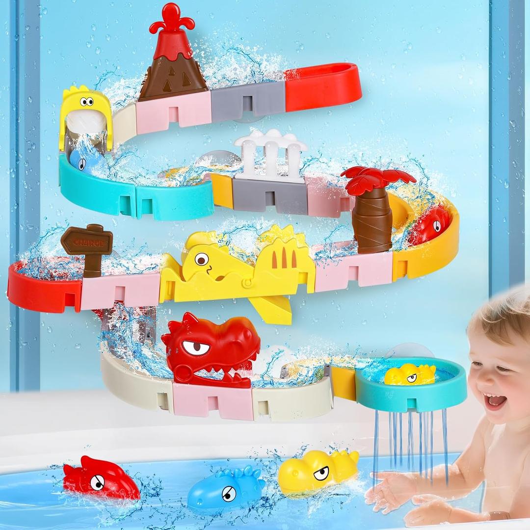 Slide Bath Toys for Kids Ages 1-3, Dino Theme Bathtub Toys 43 PCS, DIY Water Slide Strack for Toddlers Ages 4-8, Boys Girls Birthday Gifts