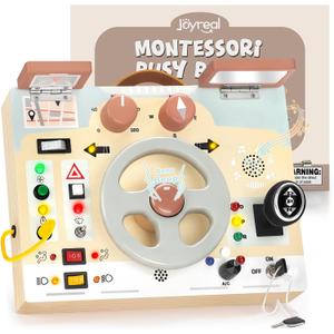 Joyreal Montessori Toddler Busy Board - Montessori Toys for 1 2 3 Years Old, Wooden Sensory Board with LED Lights, Steering Wheel, Music Player, Travel Toys for 1+ Year Old Boy & Girl Birthday Gift