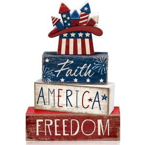 4 Pcs 4th of July Decorations Patriotic Memorial Day Tabletop Decorations Red White Blue Table Centerpieces Wood Block God Bless Sign for Office Tiered Tray Home Shelf Mantel(Independence Day Hat)