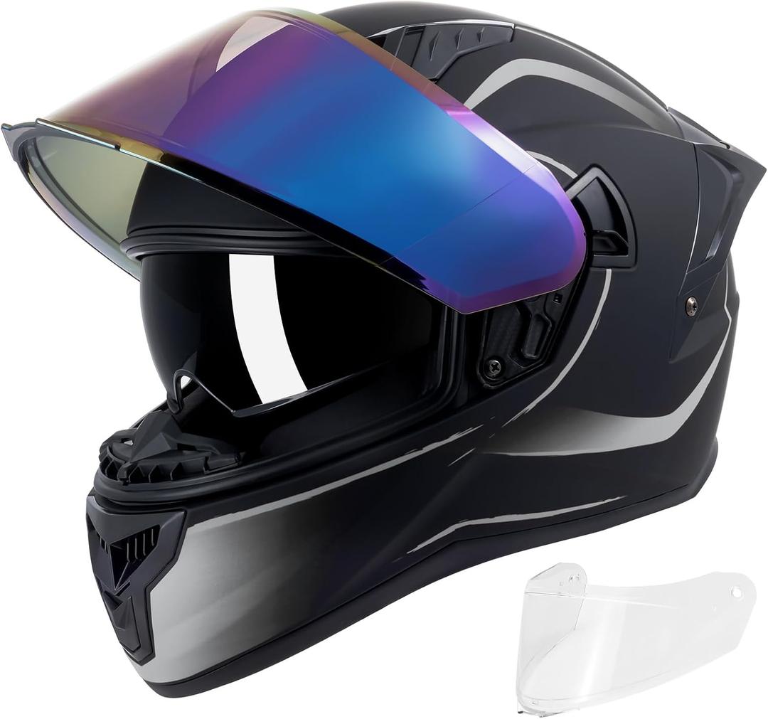 Full Face Motorcycle Helmets for Men Women, DOT, Matte Black Silver, M