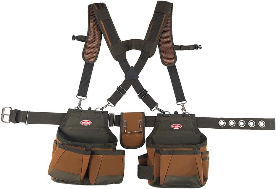 Bucket Boss - AirLift Tool Belt with Suspenders, Tool Belts - Original Series (50100) with 12 pockets, Brown , 52 Inch