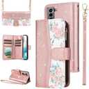 Furiet for Samsung Galaxy S21 5G 6.2 inch Floral Wallet Case with Flip Zipper Purse Wrist Strap Shoulder Strap, Luxury Glitter PU Leather Card Holder Stand Cell Phone Cover for S 21 21S G5 Rose Gold