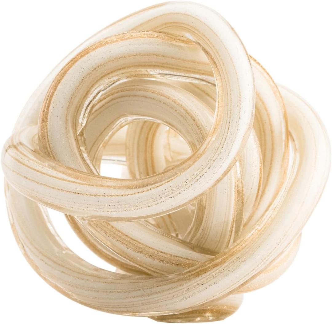 Torre & Tagus Orbit Hand Blown Glass Infinity Knot Sculpture - 3 Inch Glass Art White & Gold Knot Decor Ball for Home Decor, Small Centerpiece Table Decoration for Home Interior (White Gold Flakes) (3-inch Diameter, White)