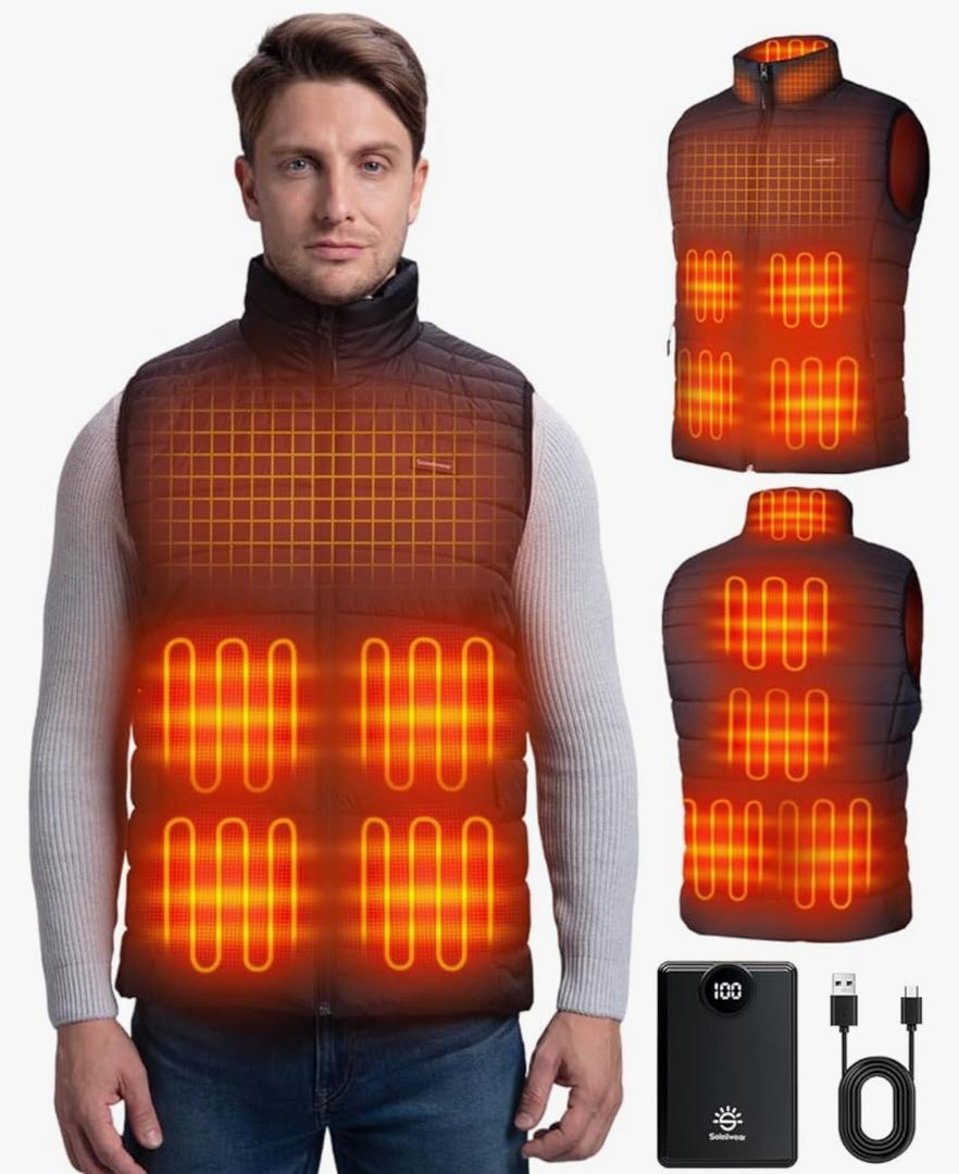Soleilwear Heated Vest for Men, 9 Heating Zones 12000mAh Battery Pack, Rechargeable Vest Outdoor Hunt Camping Cycling Ski Black 2XL