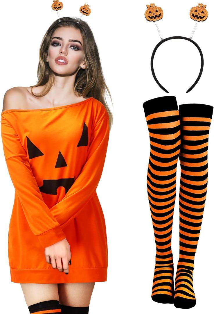 Suhine Halloween Pumpkin Costume Women Adult 2025 Orange Pumpkin Dress Striped Tight Hair Hoop Accessories (Large)