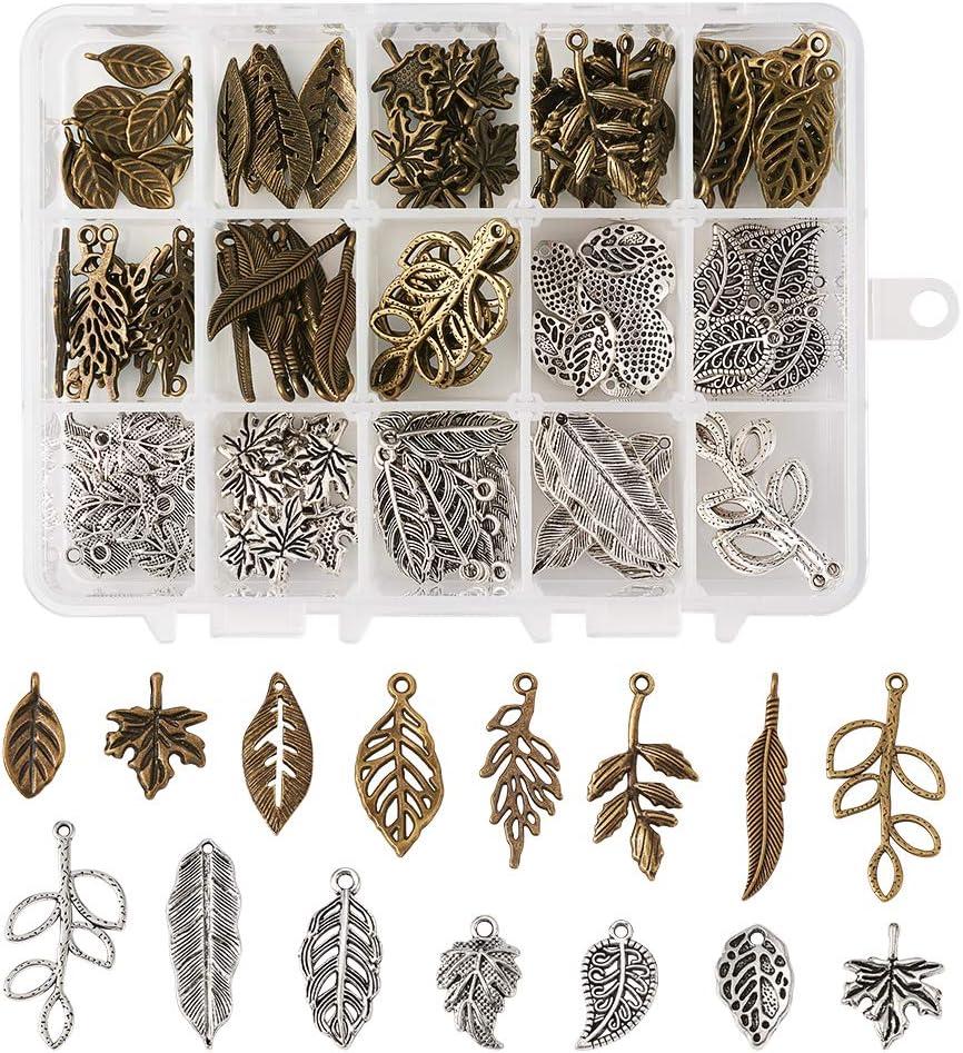 Beadthoven 1Box/150pcs 15 Styles Tibetan Style Mixed Color Alloy Tree Leaf Charms Branch Leaves Pendants Beads for DIY Jewelry Necklace Bracelet Making