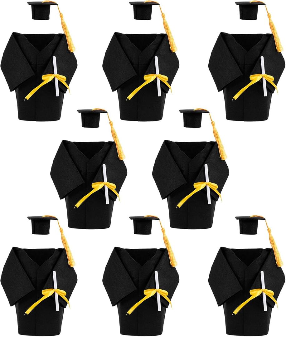 LUOZZY 8 Sets Graduation Cap Gown Bottle Covers Sets Mini Graduation Coat Bottle Covers Graduation Hat Bottle Topper with Yellow Tassels