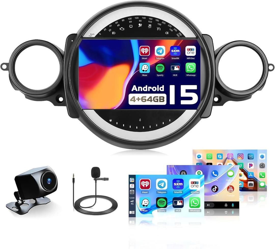4+64G Android 15 Car Radio for Mini Cooper R56 2007-2014, 9 inch Capacitive HD Touch Screen for R56 Head Unit with Carplay Android Auto/5GHz WiFi/GPS Navigation/Bluetooth 5.0/1280 * 720/32EQ