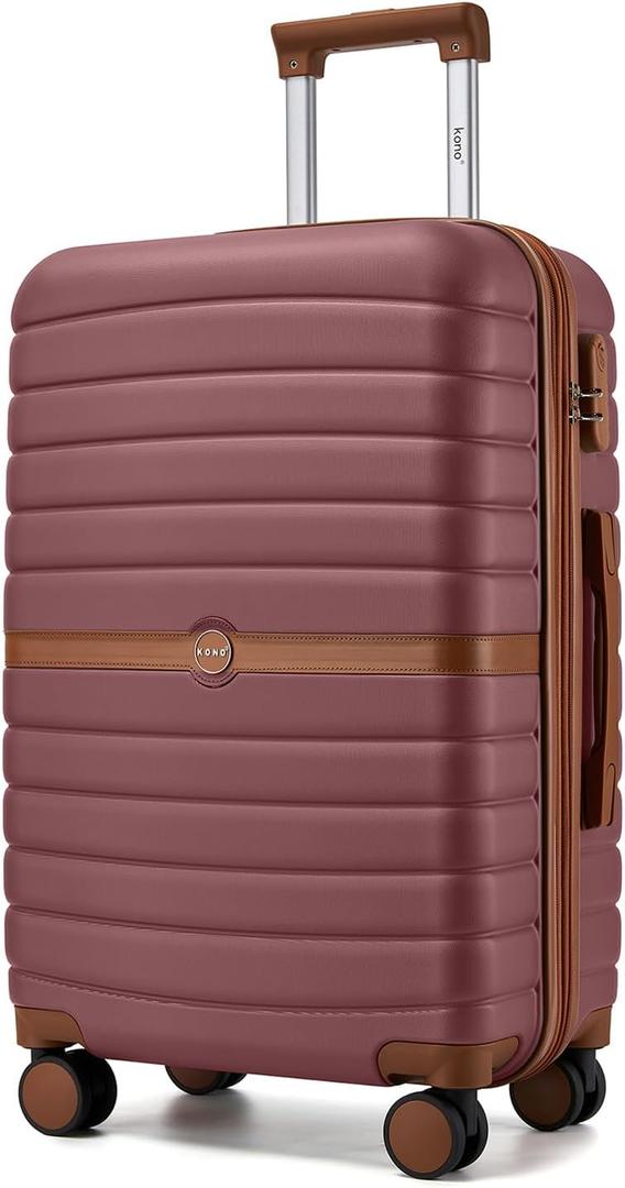 Kono Expandable 24 Inch Luggage with Spinner Wheels, Medium Checked Luggage with Lock, Lightweight & Anti-Scratch PC+ABS Hardshell Travel Suitcase, Burgundy/Brown