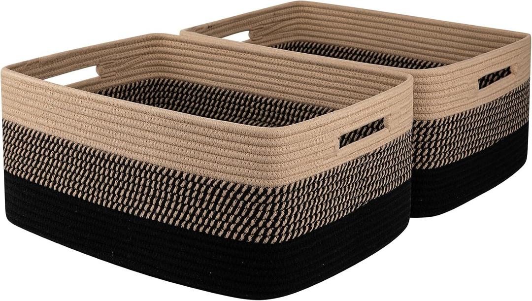 OIASKET Large Storage Basket for Organizing, Woven Rope Basket for Shelves, Closet Organizer Bins for Clothes, Blanket, Toys, Baby Nursery Storage, 17.7" x 13" x 7.87", 2 Packs Black & Brown