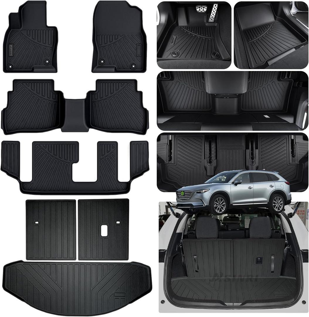 Floor Mats & Trunk Mat & Backrest Mat for 2016-2022 2023 Mazda CX9 CX-9 7 Seats (Only Fit Sport Version),TPE All Weather Protection Car Floor Liners with Cargo Liners