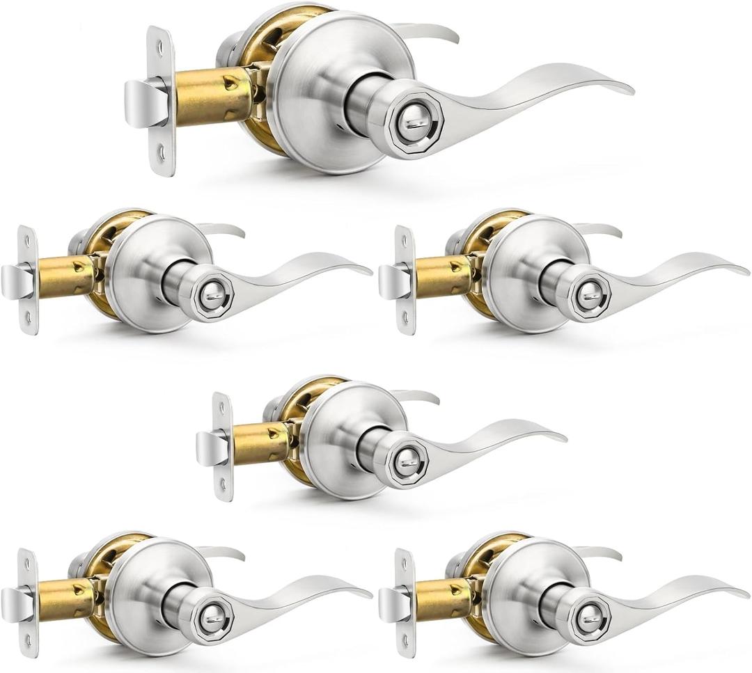 6 Pack Brushed Nickel Door Handles Privacy Door Levers, Heavy Duty Bed and Bath Door Locks Interior Door Knobs, Reversible Keyless Wave Lever Door Handles (Satin Nickel Finish)