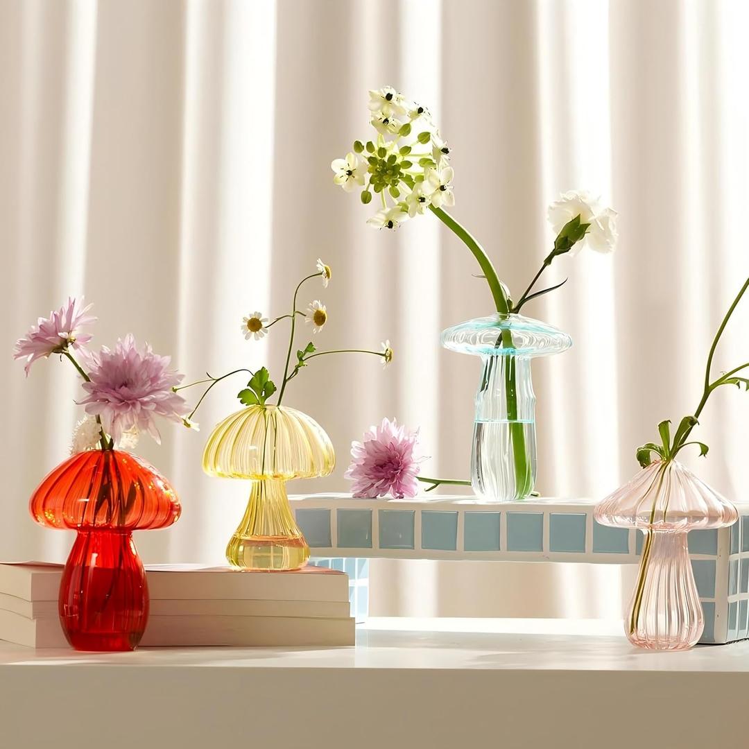 4PCS Cute Mushroom Glass Flower Vase, Colorful Bud Vases for Home Decor, Small Propagation Vases for Plants, Mushroom Planter Decorations for Office Shelf Room Aesthetic (Transparent Blue, Yellow, Red, Pink)