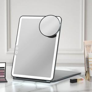 FUNTOUCH 10x7.5 Portable Large Travel Makeup Mirror with Light, 1800mAh Rechargeable Lighted Travel Makeup Mirrors with 3 Color Lights, Dimmable Folding Light Up Make up Mirror with Small 10x Mirror (Black)