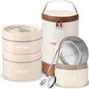 Dandat 3 Pcs Portable Insulated Lunch Container Set for Adult, Stackable Stainless Steel Bento Box for Hot Food with Insulated Lunch Bag Unisex 3 Separate Thermal Food Container(Beige,Round)
