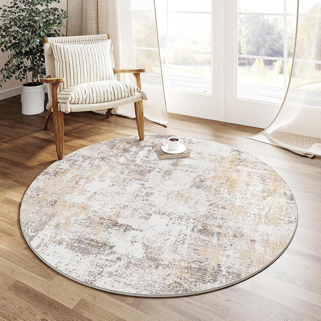 3x3 Washable Round Rug Beige Grey Abstract Non Slip Soft Low Pile Circle Rug for Dining Room Office Entryway Neutral Modern Indoor Carpet for Living Room Bedroom Home Decor