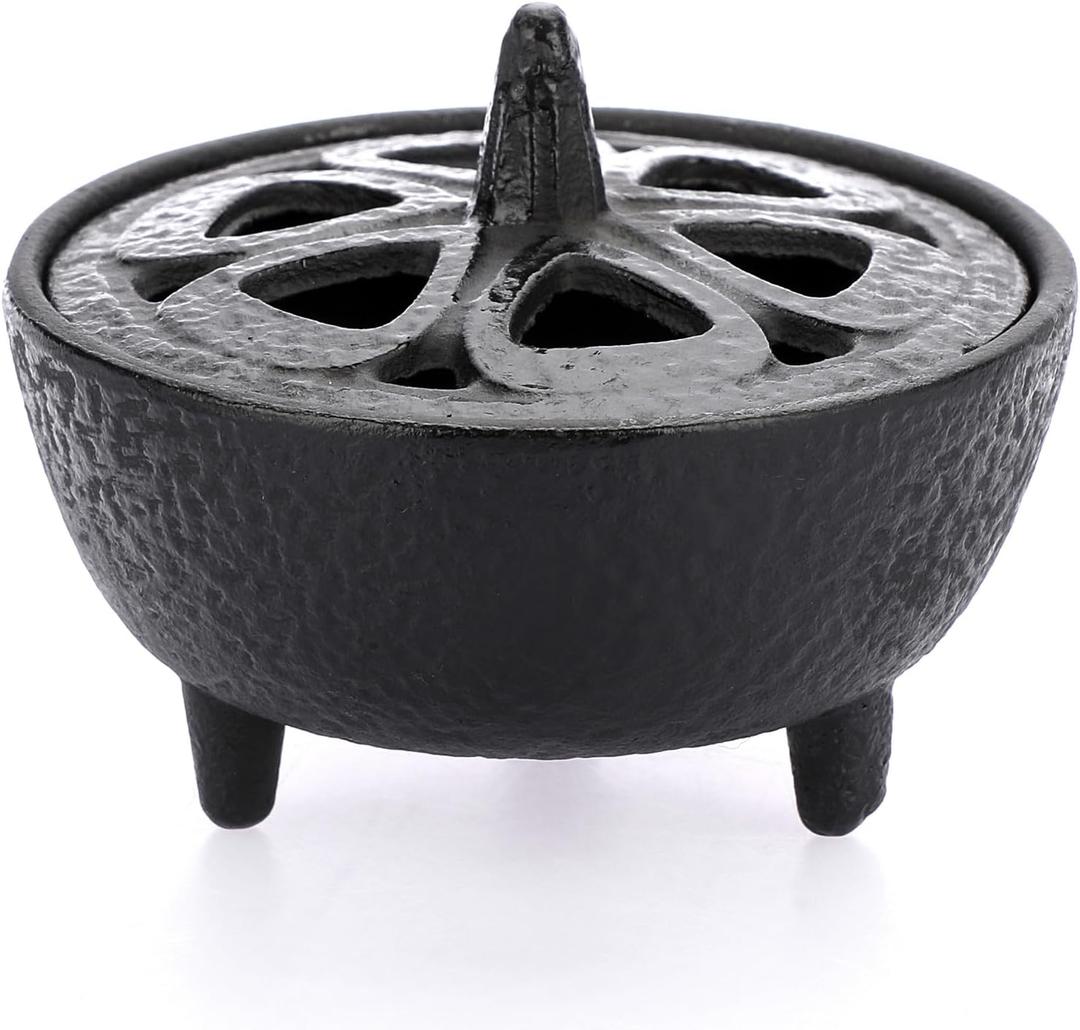 JUXYES Vintage Tripod Incense Burner Holder with Lid, Cast Iron Incense Holder Metal Cauldron Censer Antique Cone Coil Incense Burner Holder for Incense Resins, Charcoal, Cones or Wax Melts (Small)