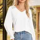 Dokotoo Womens Fall Fashion 2025 Business Casual V Neck Long Sleeve Lace Trim Tops with Smocked Cuffs Loose Blouses (White, S)