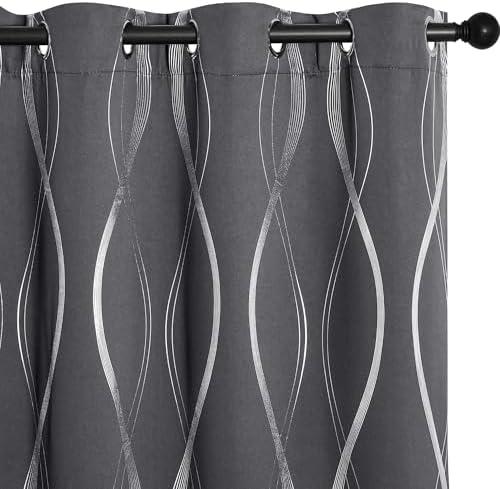 NICETOWN Grey Blackout Curtains for Living Room 84 inch Long 2 Panels Set, Noise Reducing Thermal Insulated Wave Line Foil Print Bedroom Drapes for Patio Sliding Glass Door (52 x 84)