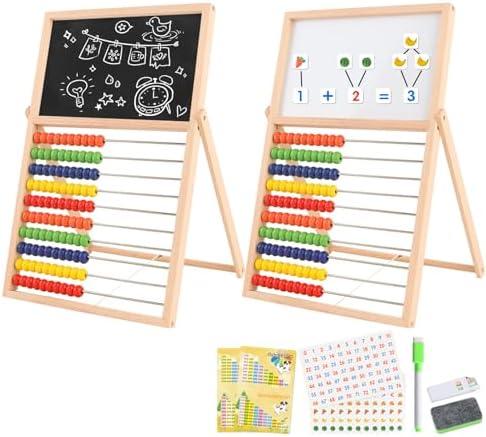 Ranqibo Wooden Abacus for Kids Math - Double-Sided Blackboard Whiteboard Magnetic Abacus for Toddlers 1-3 with 100 Magnetic Number & Fruit Stickers - Educational Counting Games Kids Gift