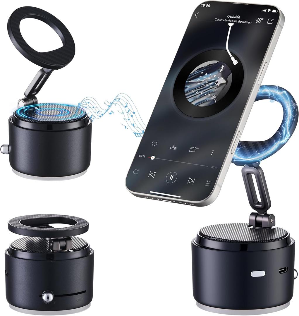 Car Phone Holder for Magsafe with Wireless Bluetooth Speaker, Cell Phone Stand HD Surround Sound Perfect for Home and Outdoors with Bluetooths Speakers for Desk Compatible with iPhone/Samsung Galaxy