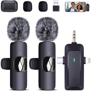 wireless lavalier microphone, suitable for iPhone/Android phones/cameras/computers/four in one lavalier microphone, suitable for video and audio recording, TikTok, etc., with microphone Bags, black