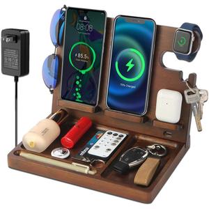 Wireless Charging Station,Wood Phone Docking Station for Men,Nightstand Organizer Charging Station with 4 Wireless Charger Fast Charging for iPhone/Samsung/Apple Watch/Earbuds,Gifts for Men (Walnut color)