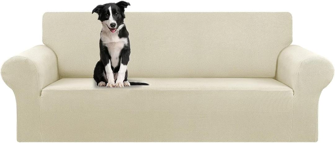 KEKUOU Stretch Oversized Sofa Slipcover 1 Piece Couch Sofa Cover (94"-110") Furniture Protector 4 Seater Sofa with Elastic Bottom for Kids,Pet Jacquard Checked Pattern Fabric(X Large, Beige)