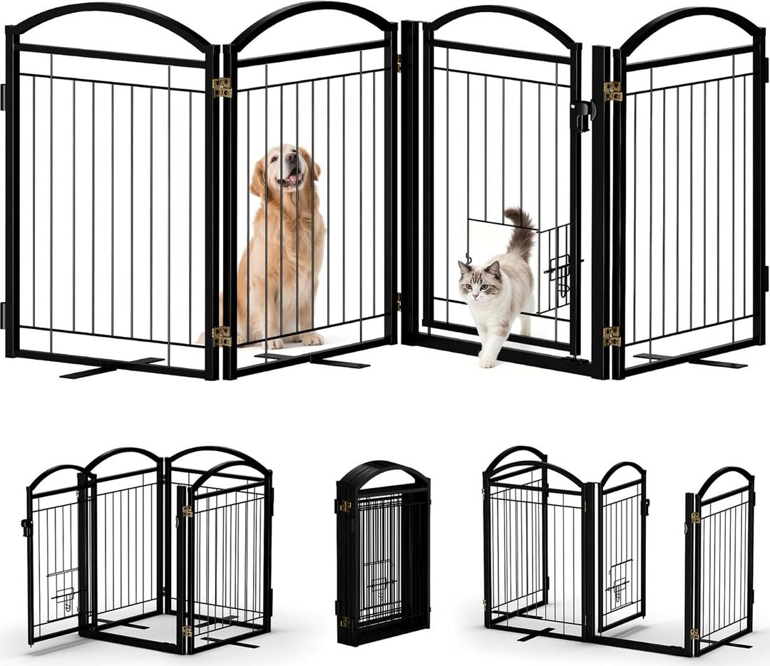 Metal Free Standing Dog Gate with Door for Indoor & Outdoor,30" Tall Foldable Dog Fence,80" Extra Wide Freestanding Pet Gate for Large Openings,Stairs,Deck,Yard,Doorways,with Cat Door(4 Panels,Black)