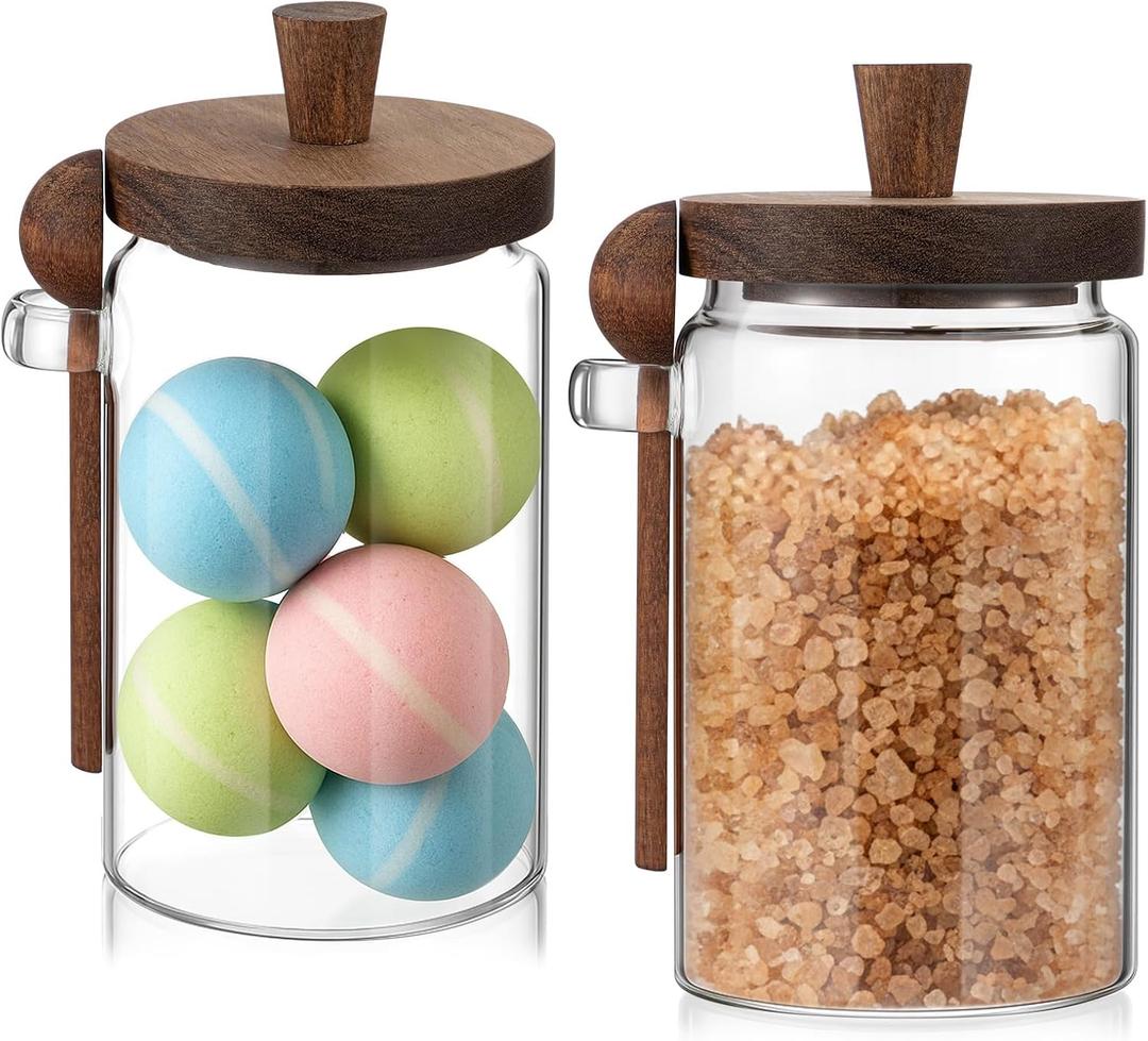 Suclain 2 Set 26 oz Glass Bath Salts Jar with Wooden Lids and Scoop Bath Salt Container Food Airtight Storage Containers for Sugar Coffee Bean Candy Spice