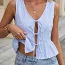 Avanova Tie Front Tops for Women Striped Peplum Tank Top V Neck Sleeveless Ruffle Hem Summer Blouse Blue Medium (Blue, M)