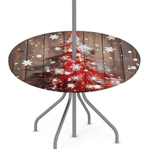 YGPARK Outdoor Fitted Round Table Cloth with Umbrella Hole, Xmas Tree Wooden Circle Elastic Tablecloth 36"-44" Waterproof Zipper Patio Table Cover for Picnic Camping Party Christmas Decoration