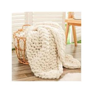 Bigacogo Chunky Knit Throw Blanket for Couch, 40x60 inches, 100% Hand Knitted with Thick Jumbo Chenille Yarn, Cozy Soft Large Rope Knot Cable Crochet Blankets for Sofa Bed Living Room, Beige