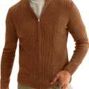 Runcati Mens Full Zip Cardigan Sweater Casual Waffle Stand Collar Knitted Winter Chunky Sweaters (Large, Brown)