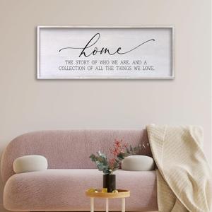 Home Is the Story of Who We Are Wall Decor Sign: 32 x 12 Inch Farmhouse Wooden Framed Wall Art with Home Quote, Horizontal Family Wall Plaque for Living Room or Entryway, Black Frame (White)
