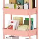 4-Tier Plastic Rolling Utility Cart with Handle, Multi-Functional Storage Trolley for Office, Living Room, Kitchen, Movable Storage Organizer with Wheels, Pink