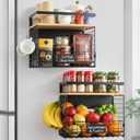 [WIDER SHELF] 2 SET Strong Magnetic Shelf Basket for Fridge with Tag & Bamboo Top, XXL Large Magnetic Spice Rack Shelves for Side of Refrigerator, Kitchen Pantry Storage Organizer for Food Fruit Veg