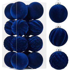 Wironlst Velvet Ornaments for Christmas Tree, 3 Style Flocked Matte Velvet Christmas Ball Ornaments, Shatterproof Decor for Xmas Tree Wedding Holiday Party Home(3.15" 16pcs Blue)