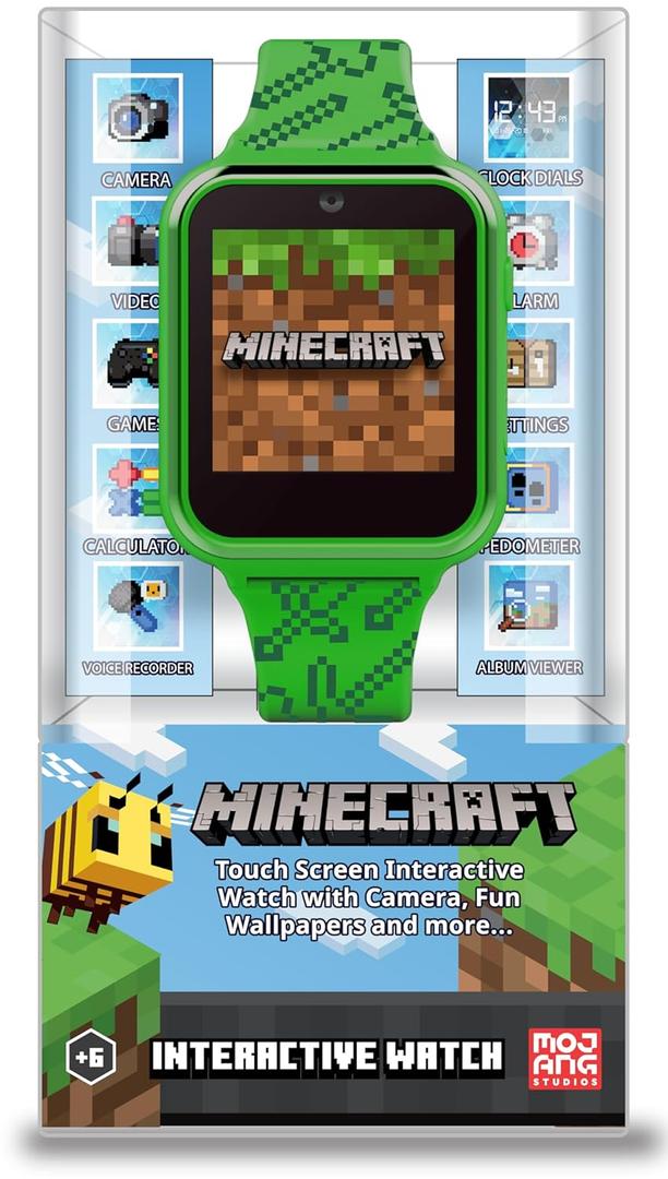 Minecraft Kids Smart Watch  Touchscreen Interactive Watch with 10 Customizable Clock Faces, Built-in Camera, Video Recorder, Alarm, Calculator, Games & Pedometer  Fits Wrists 5.5" to 8"
