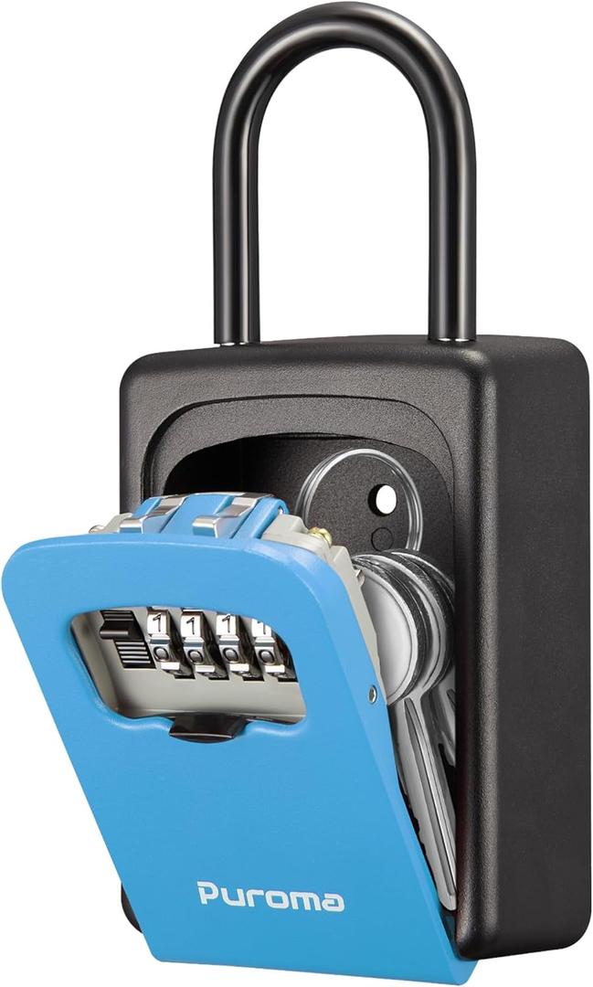 Puroma Lock Box, Large Key Lock Box Resettable Combination Code Lockbox, Portable Wall Mount Lockbox Waterproof Security Safe Box for Outside Outdoor Home Office Door Handle House Key, Blue (1 Pack)