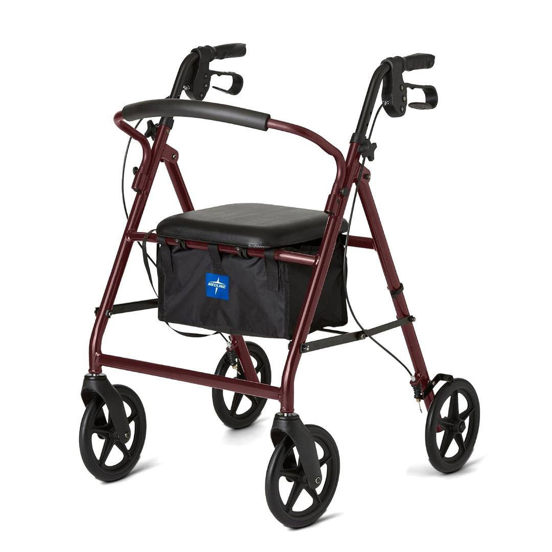 Medline Mobility Dependable Steel Rollator Walker, Burgundy, 300 lb. Weight Capacity, 8 Wheels, Adjustable Handle, Padded Seat & Backrest, Rolling Walker for Seniors and Mobility Impaired