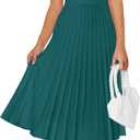 ZESICA Women's 2026 Casual Striped Midi Dress Crewneck Short Sleeve Button Ribbed Knit Swing Pleated A Line Dresses Dark Green X-Large
