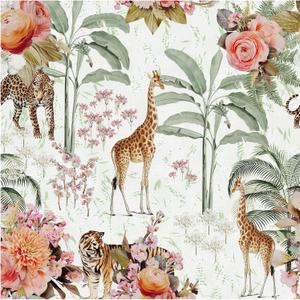 HAOKHOME Forest Peel and Stick Floral Wallpaper Jungle Animal Removable White/Green/Pink Vinyl Self Adhesive Mural 17.7in x 9.8ft