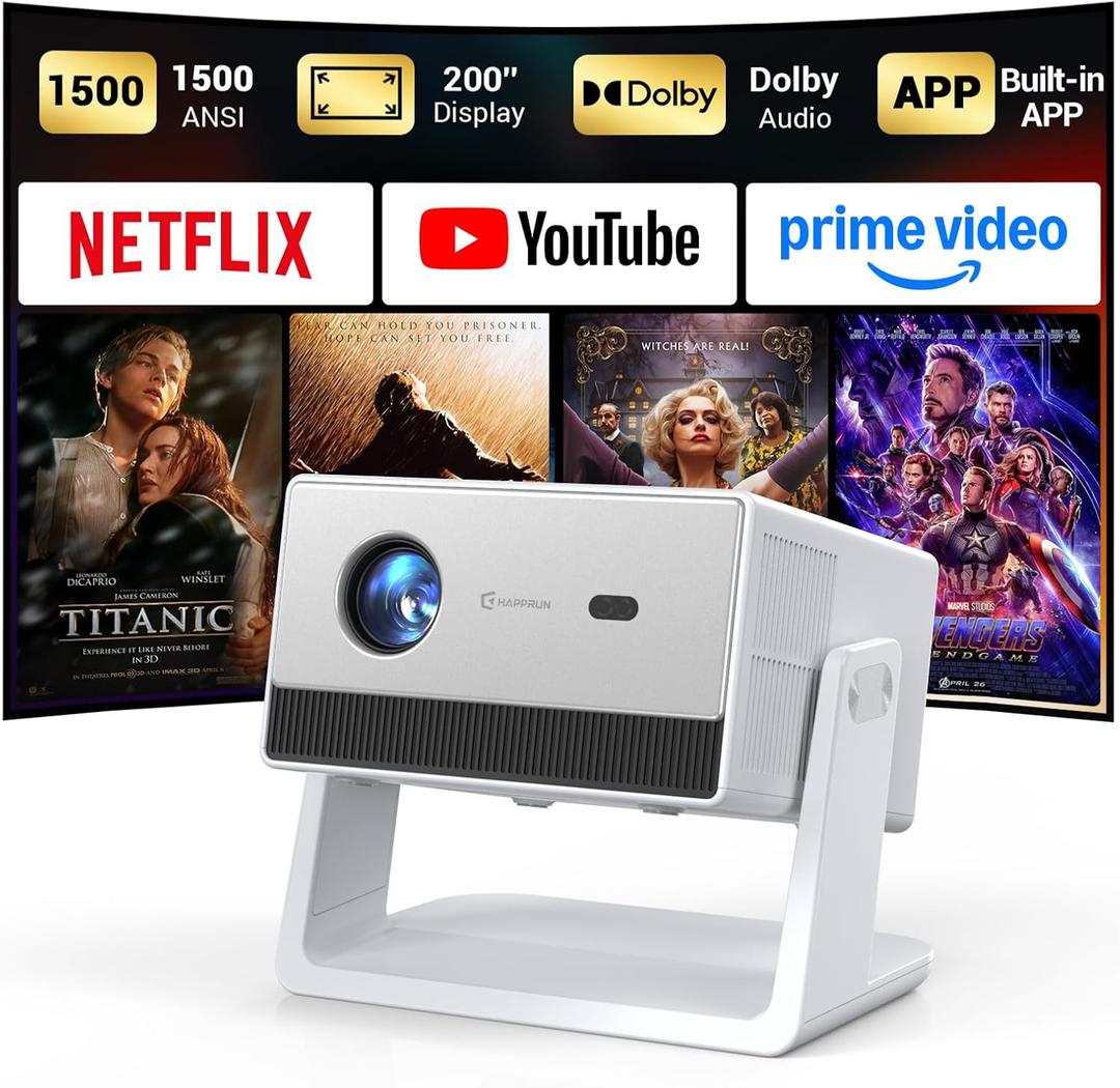 Mini Smart Projector, Portable Projector with WiFi and Bluetooth, HAPPRUN 4K Full HD Home Theater with 270 Stand, Dolby Sound, Built-in Apps,Compatible with Phone & PC, Indoor & Outdoor Use