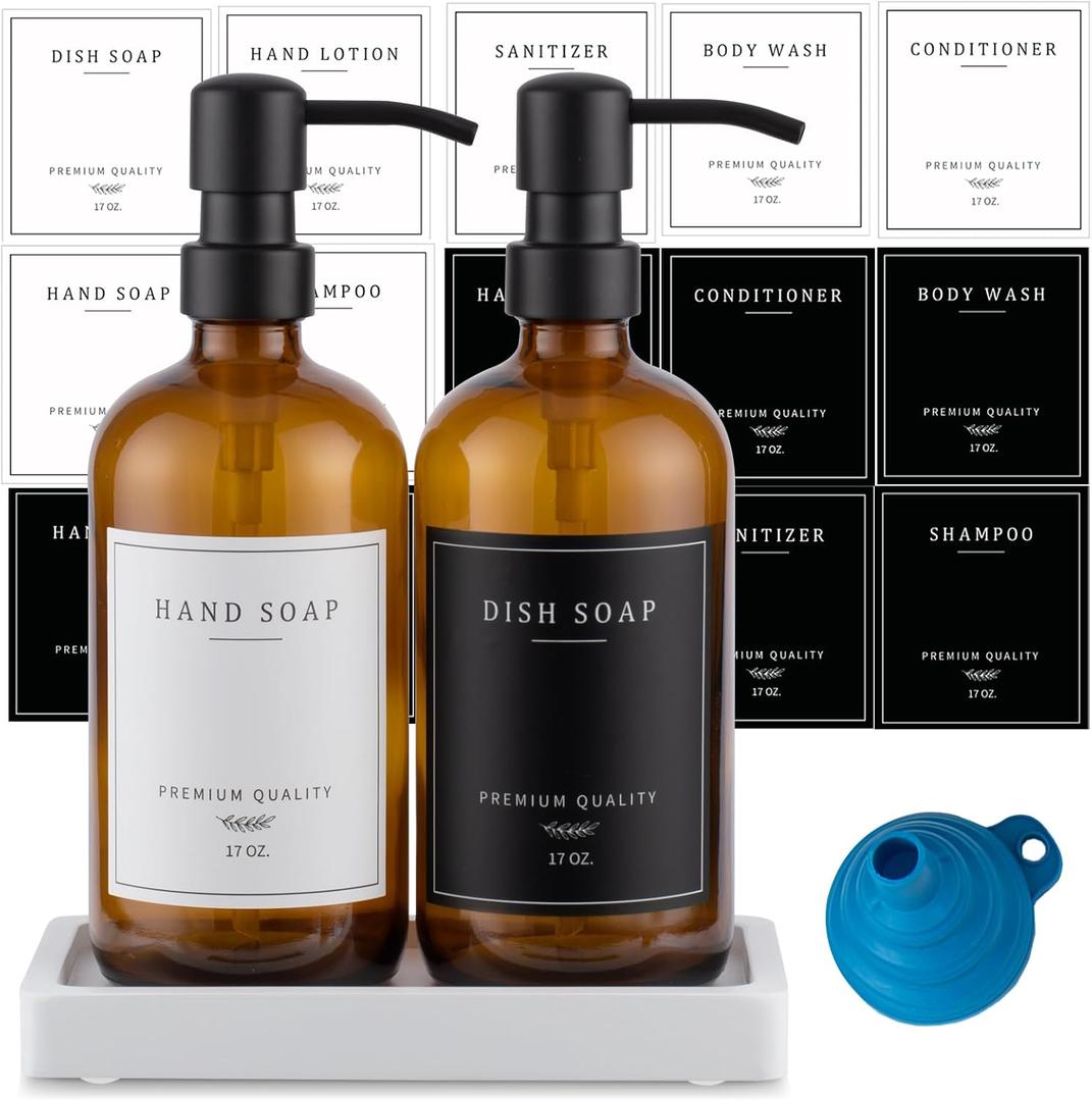 Thick Glass Soap Dispenser - Kitchen Dish Hand Soap Dispenser Set, Rustproof Pump Soap Lotion Dispenser Bathroom with Tray,14 Stickers for Kitchen Decor Amber Bottle/Black Pump